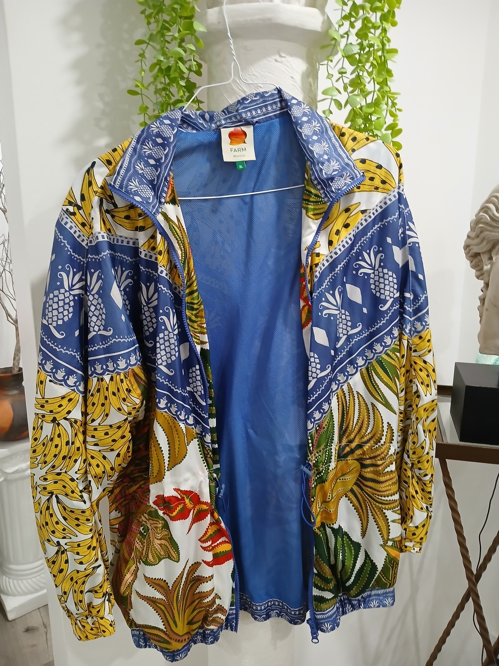 FARM Rio Blue, Yellow & Green Tropical Print Bomber Jacket